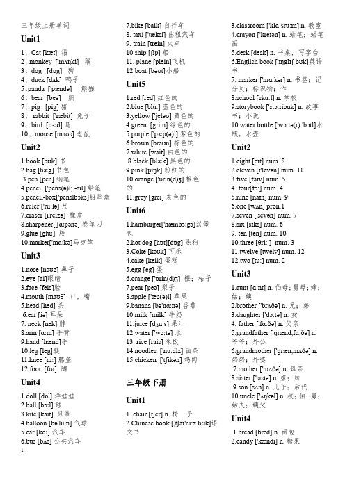 人教精通版小学英语3-6年级单词词汇表