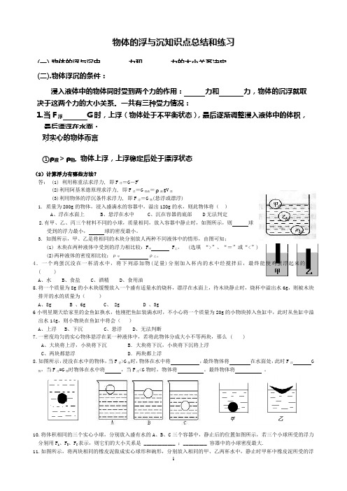 物体的浮与沉知识点总结和练习