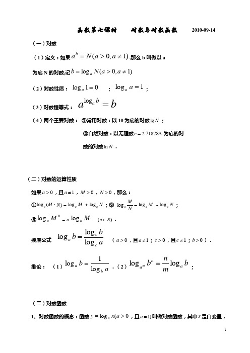 2011高考第一轮 第二章函数(第七课时 对数与对数函数)
