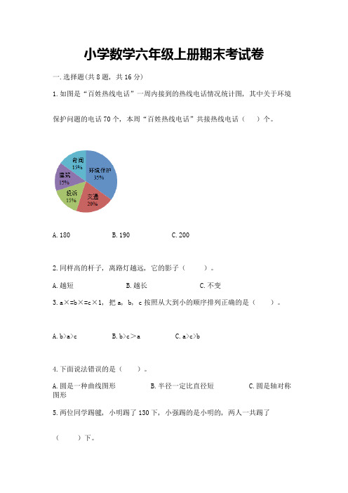 小学数学六年级上册期末考试卷a4版可打印