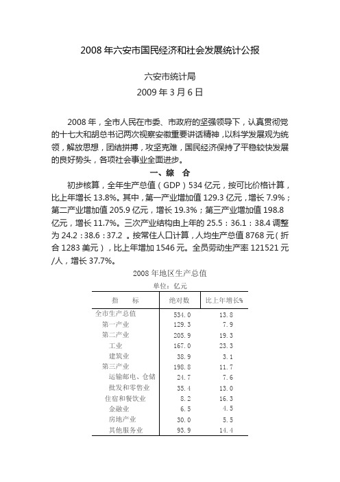 2008年宿州市国民经济和社会发展统计公报