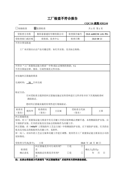 2010年CCC工厂检查不符合报告(9月25日)[1]