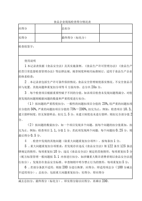 食品企业现场检查得分情况表