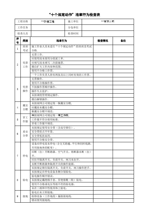 十个规定动作”违章行为检查表