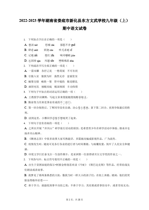 2022-2023学年湖南省娄底市新化县东方文武学校九年级(上)期中语文试卷(含答案解析)