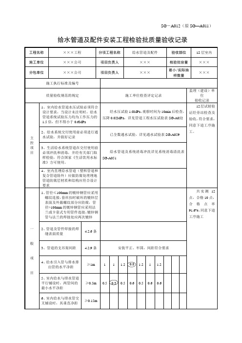 给水管道及配件安装工程检验批质量验收记录