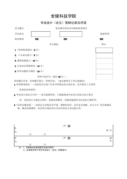 毕业论文答辩记录及评语