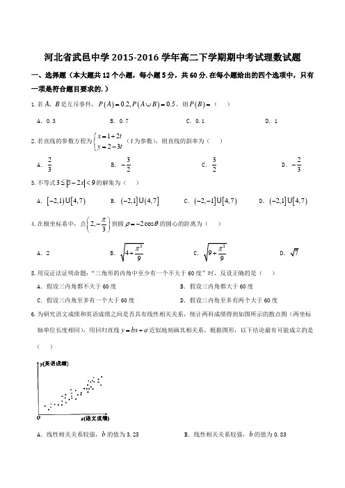 精品:【全国百强校】河北省武邑中学2015-2016学年高二下学期期中考试理数试题(原卷版)