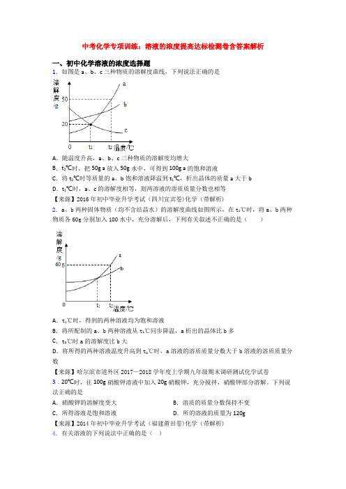 中考化学专项训练：溶液的浓度提高达标检测卷含答案解析