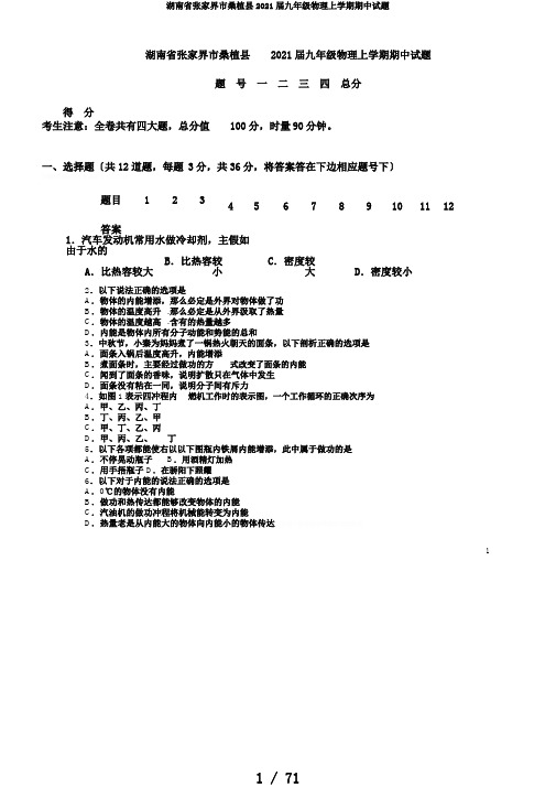 湖南省张家界市桑植县2019届九年级物理上学期期中试题