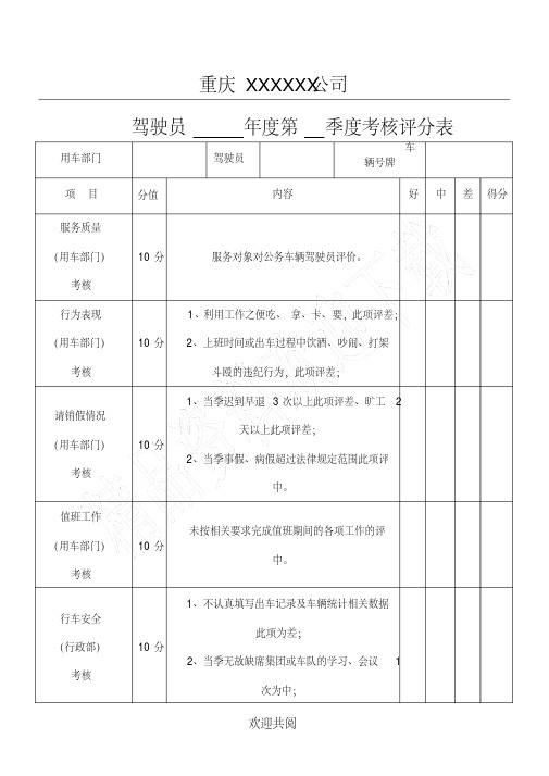 驾驶员考核评分表格范本(完整)