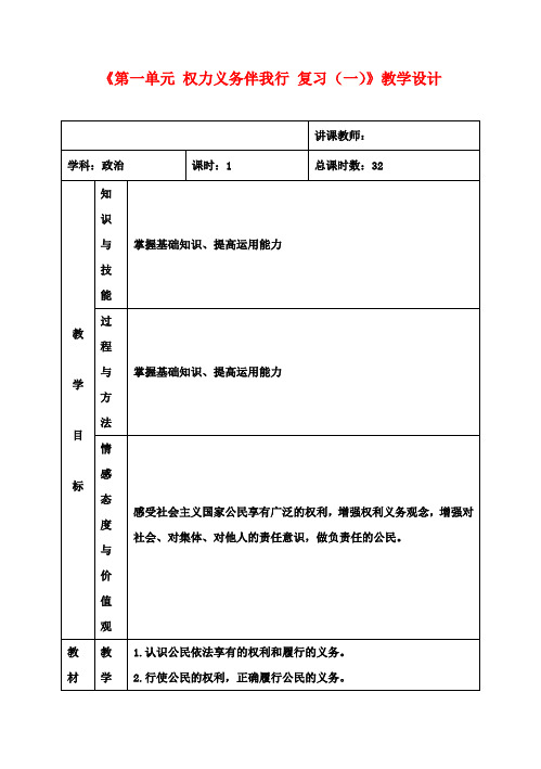 八年级政治下册《第一单元 权力义务伴我行 复习(一)》教学设计 新人教版