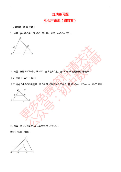 初中数学经典相似三角形练习题(附参考答案)