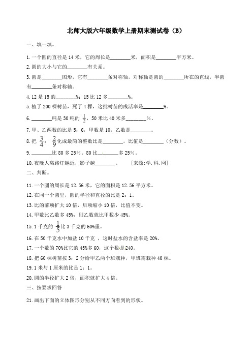 新北师大版六年级上册数学期末测试卷(B)(含解析)