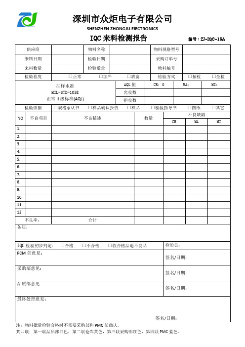 IQC来料检测报告表模板