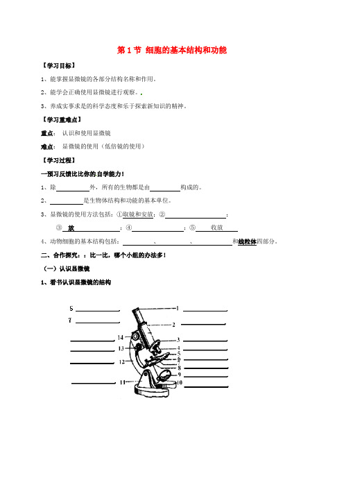 四川省成都市青白江区祥福中学七年级生物上册 3.1 细胞的基本结构和功能导学案(无答案) 北师大版