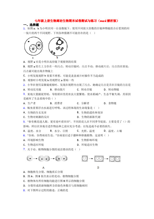 七年级上册生物廊坊生物期末试卷测试与练习(word解析版)