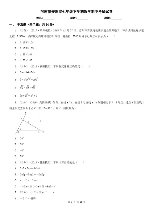 河南省安阳市七年级下学期数学期中考试试卷