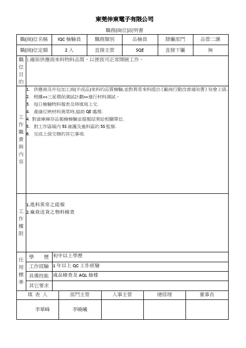 品管二课职务说明书---IQC检验员