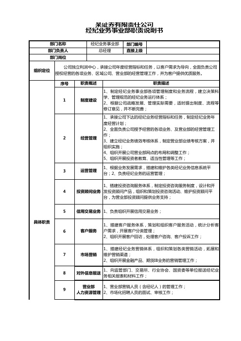 证券公司经纪业务事业部部门职责说明书