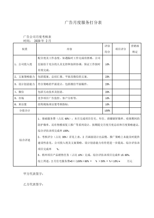 广告月度服务打分表2月