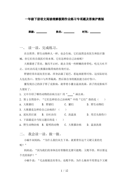 一年级下册语文阅读理解假期作业练习专项题及答案沪教版