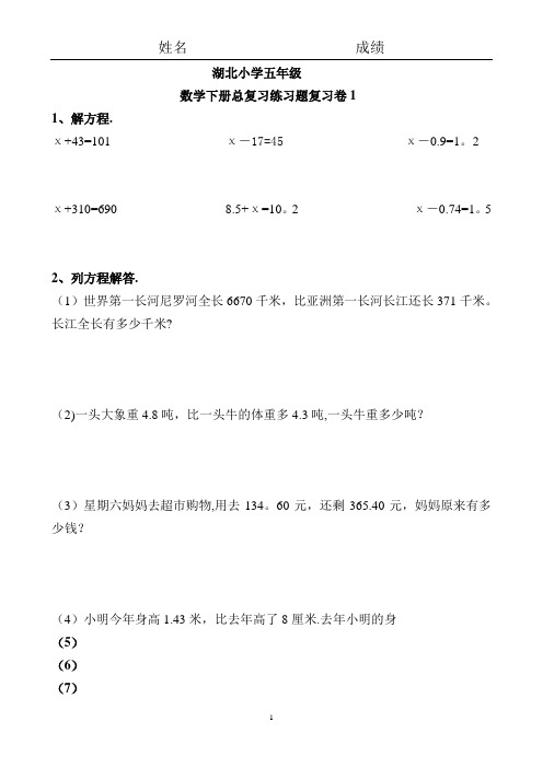 湖北小学五年级-数学下册总复习期末卷