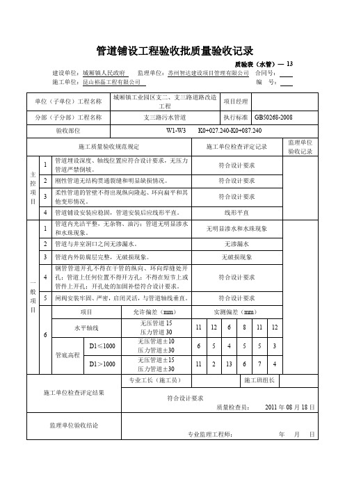 管道铺设工程验收批质量验收记录