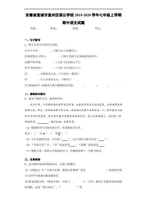 安徽省宣城市宣州区裘公学校2019~2020学年七年级上学期期中语文试题(含答案解析)