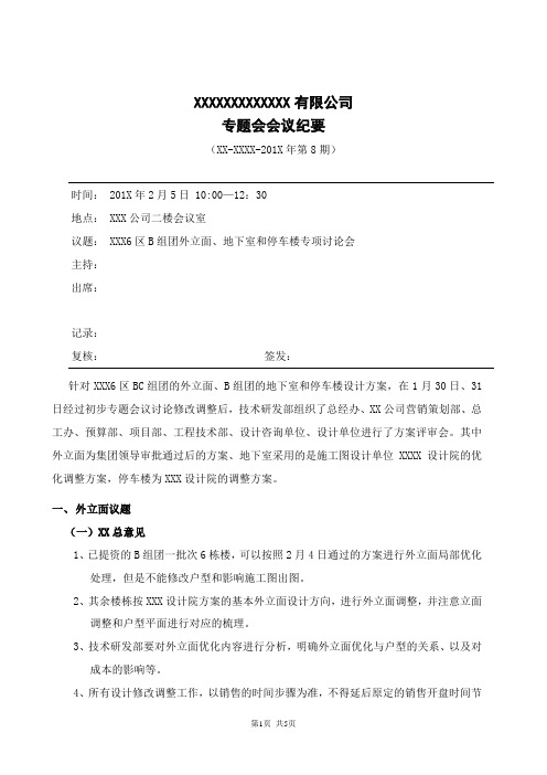 关于XXXXX项目建筑外立面、停车楼和地下室专题讨论会的会议纪要