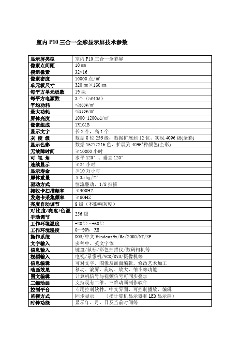 室内P10三合一全彩显示屏技术参数