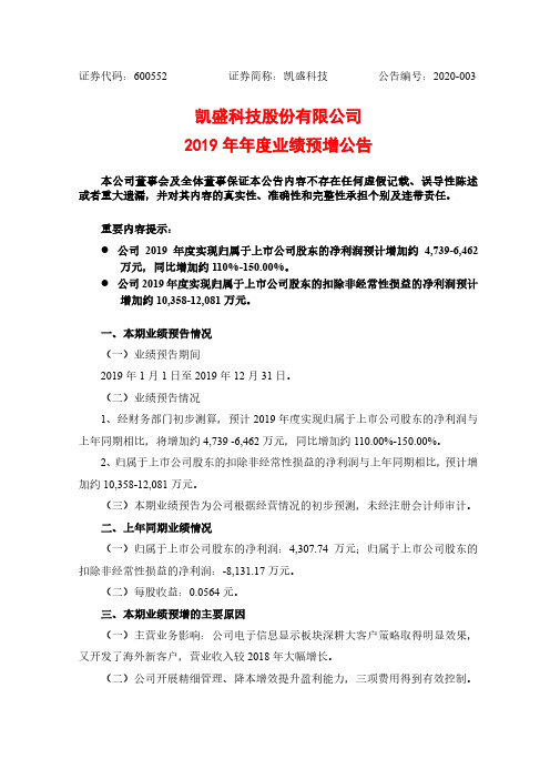 凯盛科技：2019年年度业绩预增公告