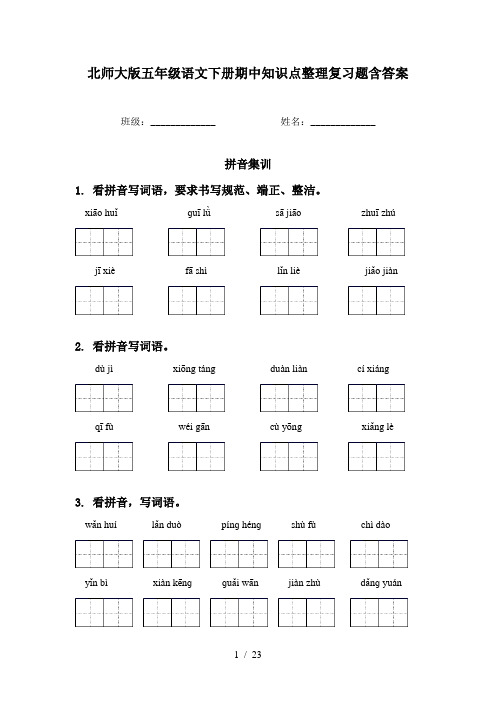 北师大版五年级语文下册期中知识点整理复习题含答案