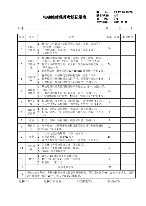 电梯维修保养考核记录表