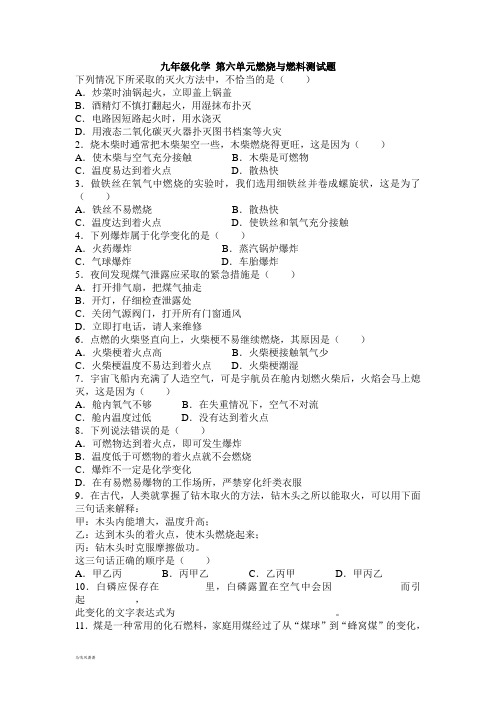 鲁教版化学九年级上册第六单元燃烧与燃料测试题.docx