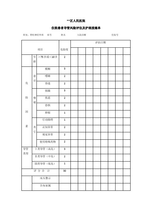 住院患者导管风险评估及护理措施单