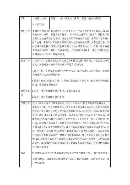 部编《道德与法治》七年级下册： 2.2 青春萌动 教案