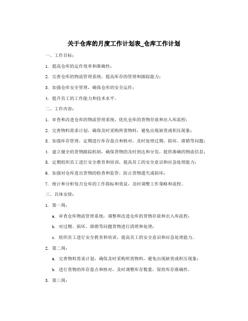 关于仓库的月度工作计划表_仓库工作计划