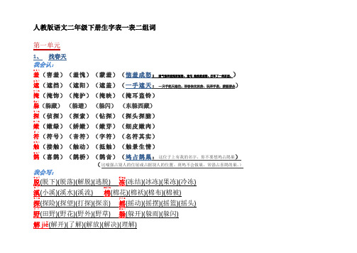 人教版语文二年级下册生字表一表二组词