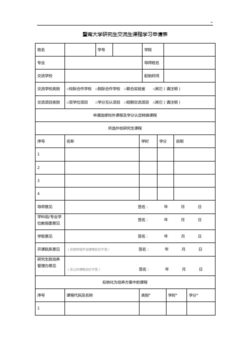 暨南大学研究生交流生课程知识学习申请表