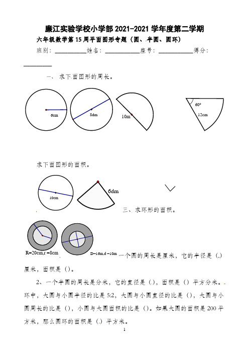 2021-2022学年六年级下学期数学第15周习题（圆、半圆、圆环）（北师大版）