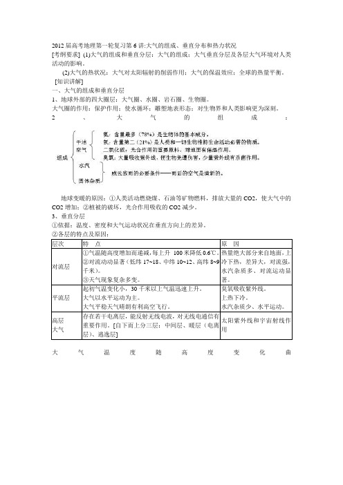 2012届高考地理第一轮复习第6讲大气的组成垂直分布和热力状况