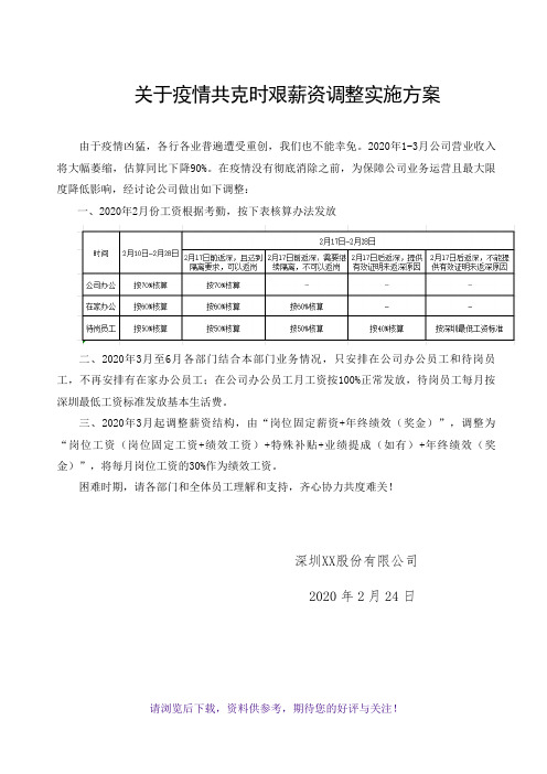 深圳XX关于疫情期间薪酬调整实施方案