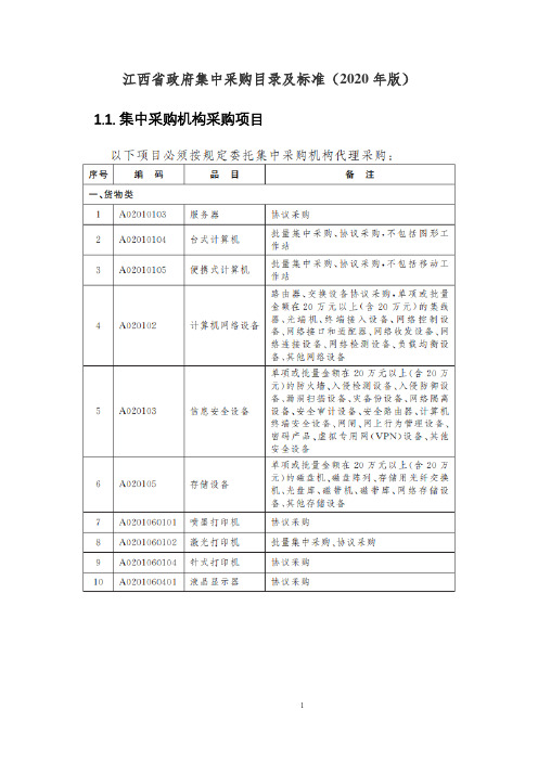 江西省政府集中采购目录及标准(2020年版)