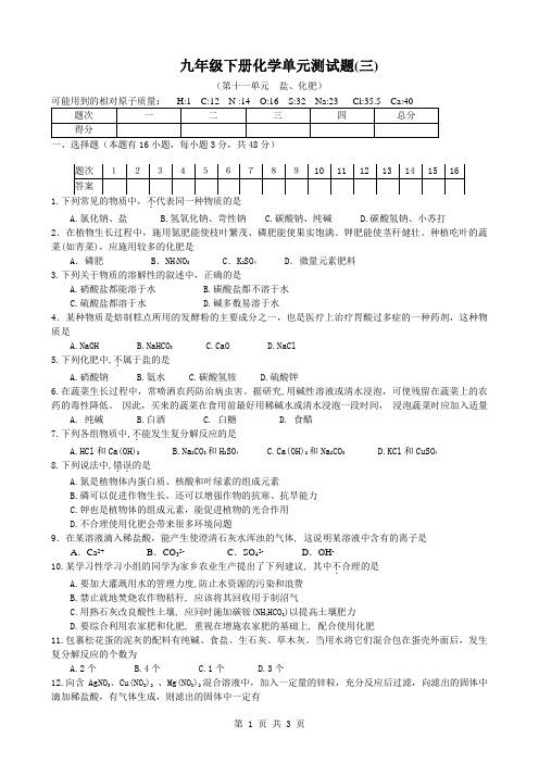 第11单元  盐、化肥 单元测试题及答案