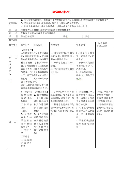 八年级政治下册第三单元第六课第2框珍惜学习机会教案1新人教版