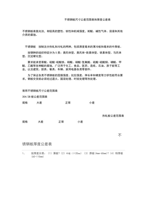 不锈钢板尺寸公差范围表和厚度公差表