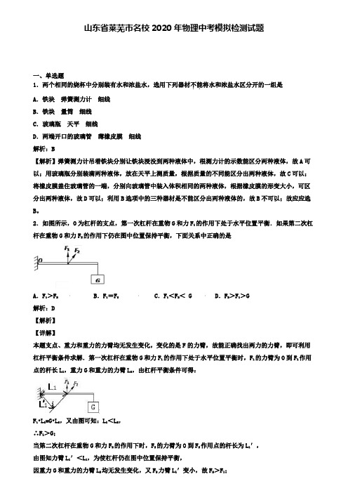 山东省莱芜市名校2020年物理中考模拟检测试题(含答案有解析)