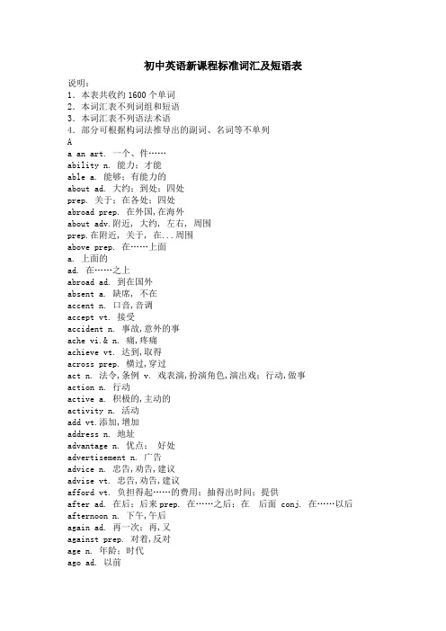 初中英语新课程标准词汇及短语表