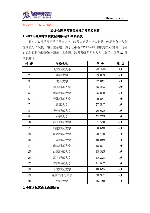 2019心理学考研院校排名及院校推荐(精品文档).doc